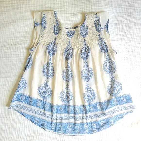BELL Alicia Bell Sz M Blue White Top Boho Blouse Floral Cotton Silk Sequin Flowy - Picture 1 of 6